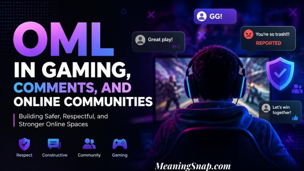 Infographic titled OML IN GAMING, COMMENTS, AND ONLINE COMMUNITIES, showing a gamer at a desktop monitor with chat bubbles.