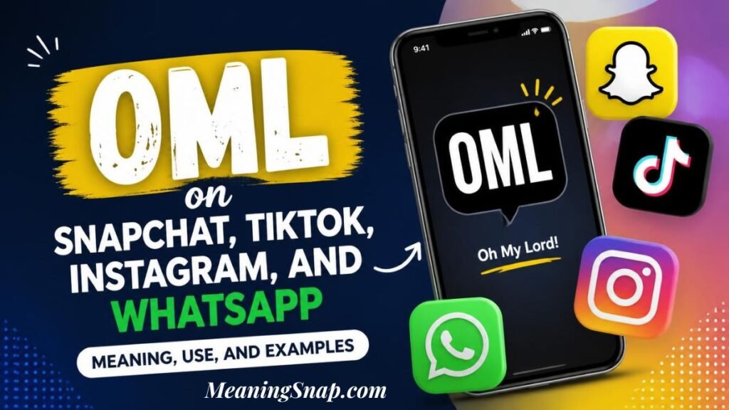 Infographic titled OML on Snapchat, TikTok, Instagram, and WhatsApp, featuring a smartphone mockup alongside 3D app icons.