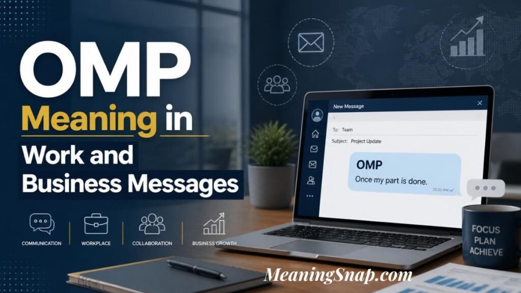 Infographic titled OMP Meaning in Work and Business Messages, featuring a laptop displaying an email draft defining OMP as "Once my part is done."