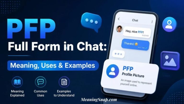 Smartphone screen displaying a chat exchange explaining PFP full form in chat meaning Profile Picture on social platforms.