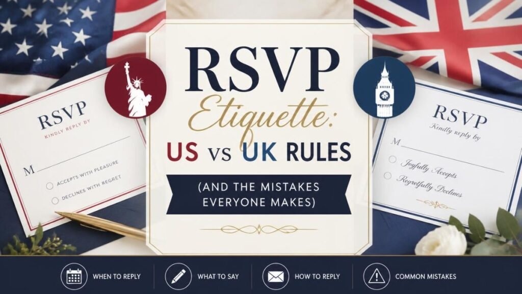 Infographic titled RSVP Etiquette: US vs UK Rules (AND THE MISTAKES EVERYONE MAKES), featuring American and British flags side by side with formal response cards and city landmark icons.