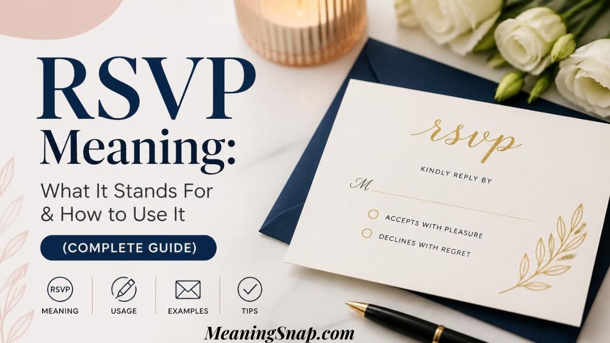 Infographic titled RSVP Meaning: What It Stands For & How to Use It (COMPLETE GUIDE), featuring an elegant white response card resting on a navy blue envelope next to white roses and a luxury pen.