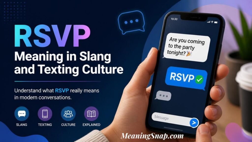 Infographic titled RSVP Meaning in Slang and Texting Culture, showing a hand holding a smartphone with a messaging interface alongside four circular feature badges.