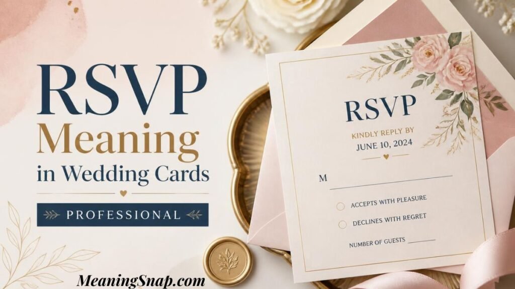 Infographic titled RSVP Meaning in Wedding Cards, displaying a floral wedding response card inside a blush pink envelope resting on a brass tray alongside a gold wax seal.