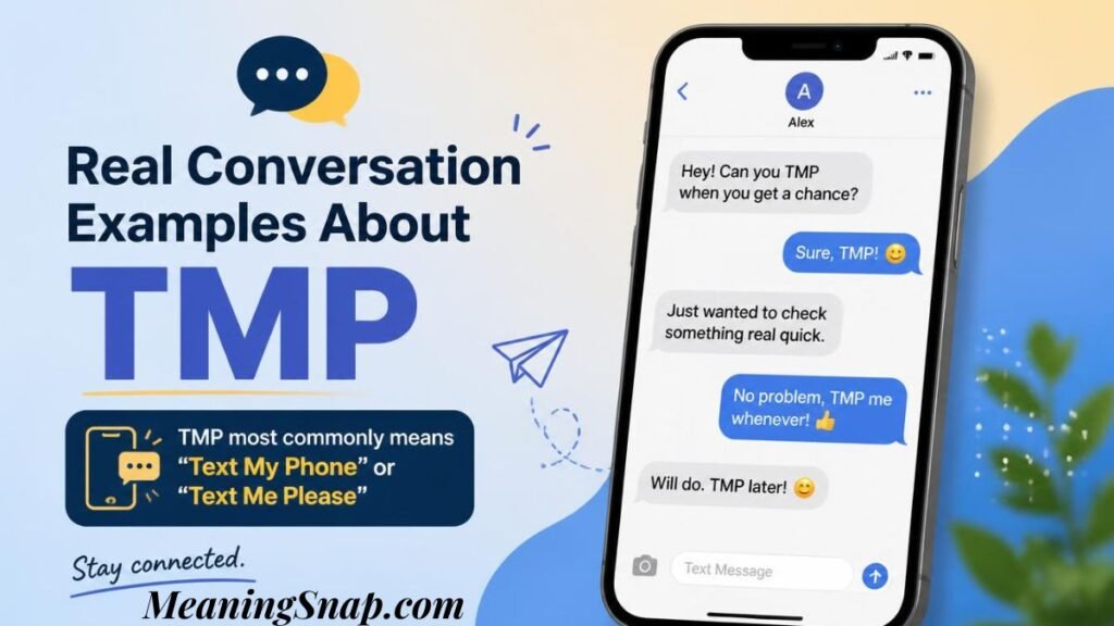 Infographic displaying real conversation examples of TMP on a smartphone, explaining that TMP most commonly means Text My Phone or Text Me Please.