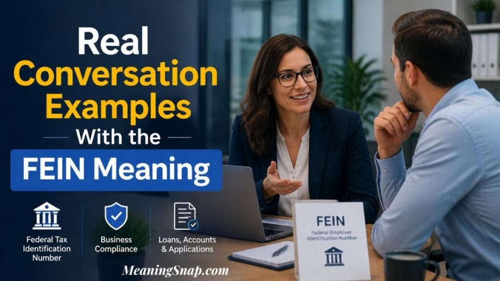 Businesswoman discussing FEIN Federal Employer Identification Number details with a client at an office desk.   