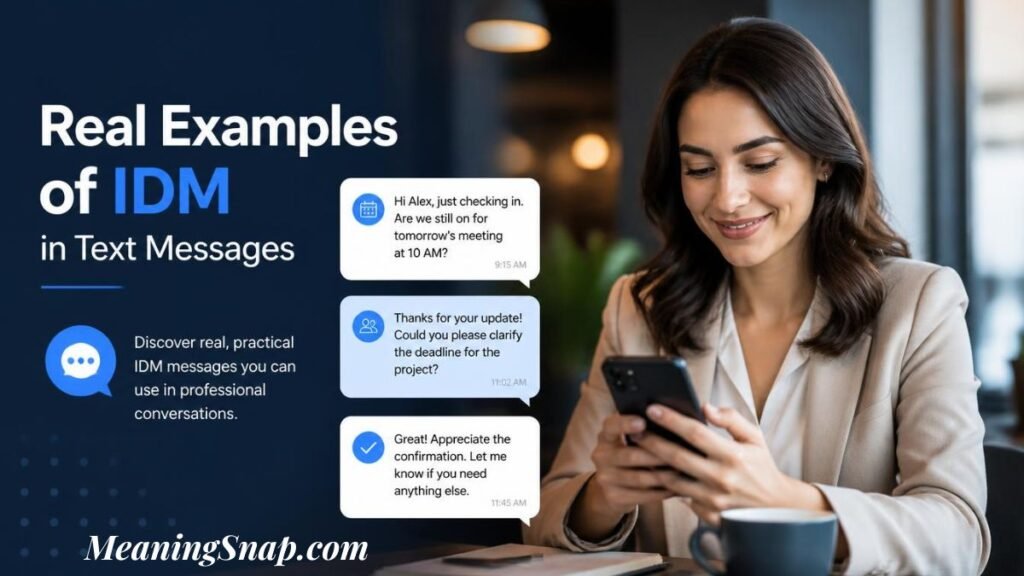 Infographic titled Real Examples of IDM in Text Messages, showing a woman using a smartphone beside professional chat message cards.