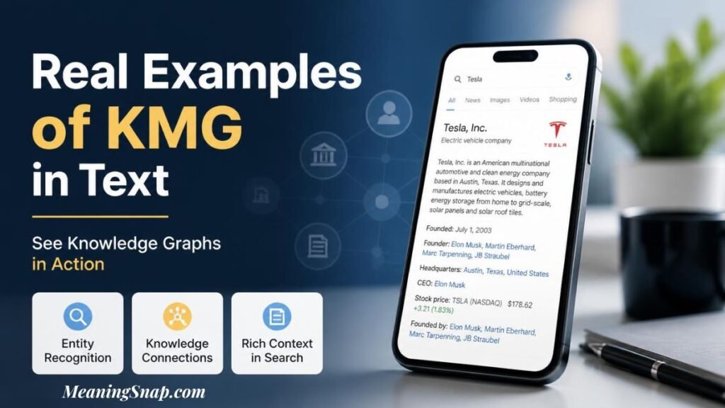 Infographic titled Real Examples of KMG in Text, displaying a smartphone showing a Google search Knowledge Graph panel for Tesla.