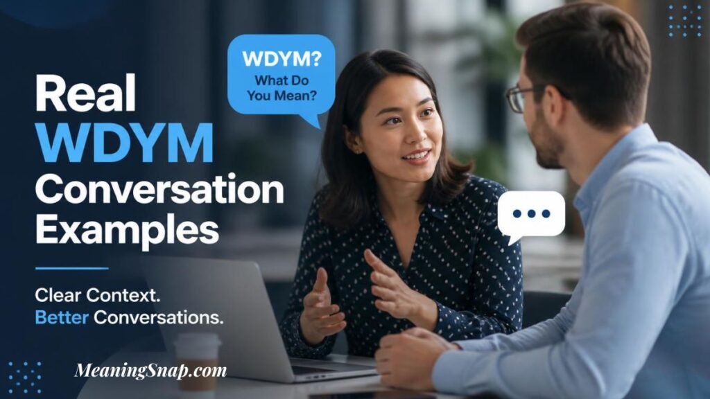 Infographic titled Real WDYM Conversation Examples, showing two colleagues discussing work at a desk next to a speech bubble defining WDYM as "What Do You Mean?".