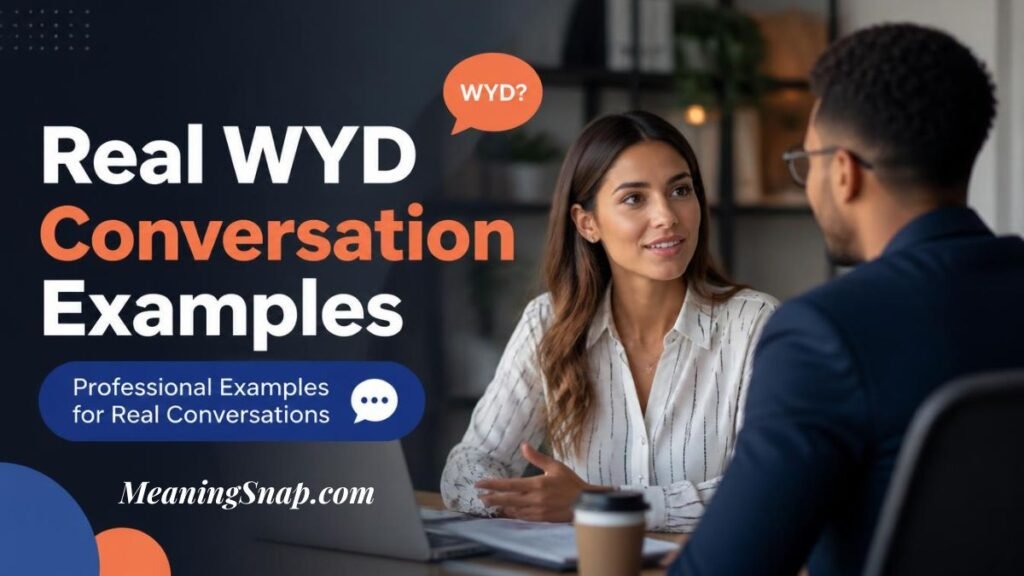 Infographic titled Real WYD Conversation Examples, showing two professionals conversing in an office next to an orange "WYD?" speech bubble.