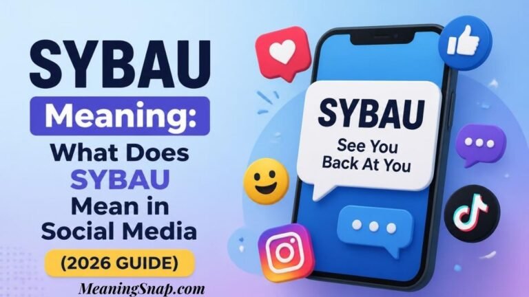 Infographic titled SYBAU Meaning: What Does SYBAU Mean in Social Media (2026 Guide), showing a smartphone displaying a chat bubble with SYBAU and "See You Back At You" alongside 3D social media icons.