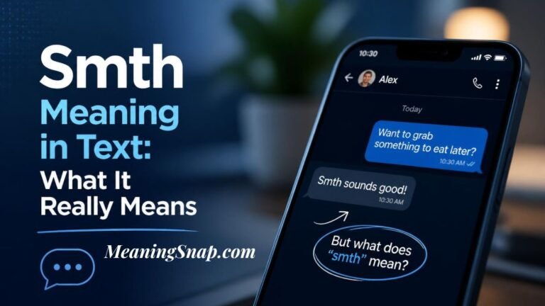 Infographic titled Smth Meaning in Text: What It Really Means, showing a smartphone mockup displaying a text thread with "Smth".