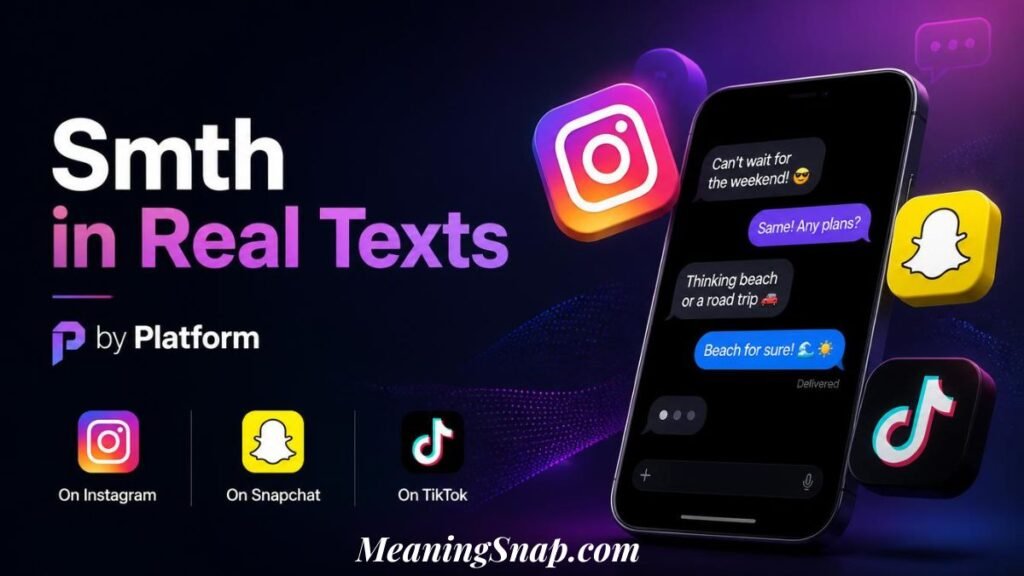 Infographic titled Smth in Real Texts by Platform, displaying a smartphone with chat bubbles surrounded by 3D social media logos.