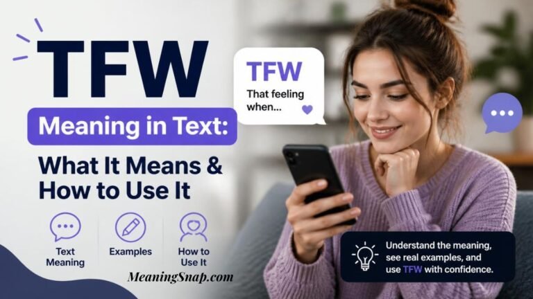 Smiling woman in a purple sweater looking at her smartphone with speech bubbles explaining TFW meaning in text slang.