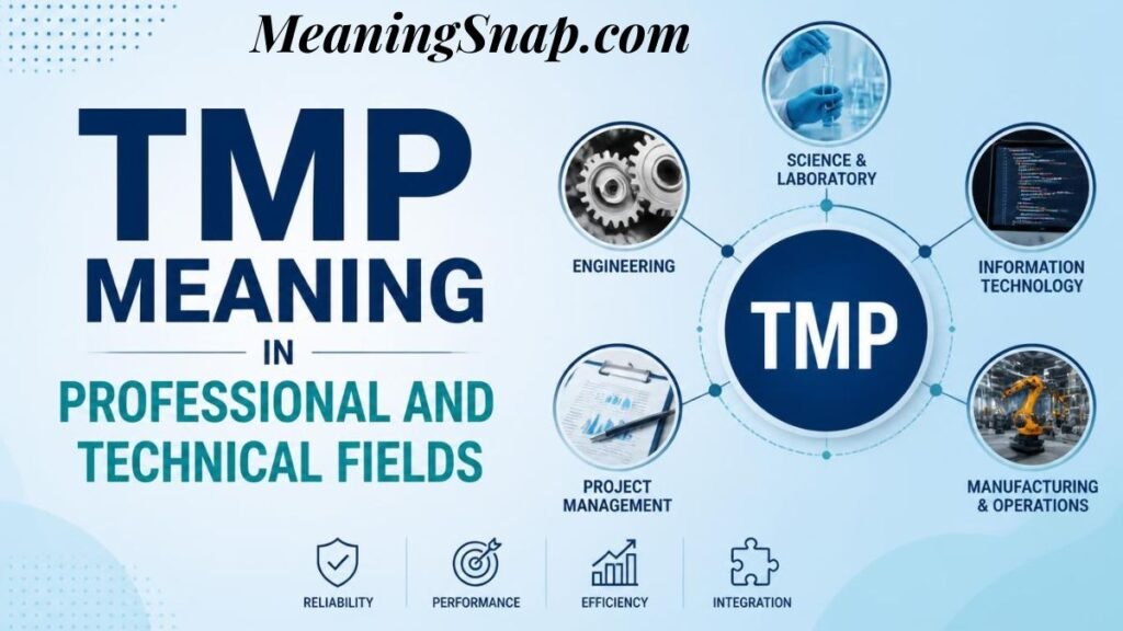 Infographic titled TMP Meaning in Professional and Technical Fields, featuring a central TMP circle linked to nodes for Engineering, Science & Laboratory, IT, Manufacturing, and Project Management.
