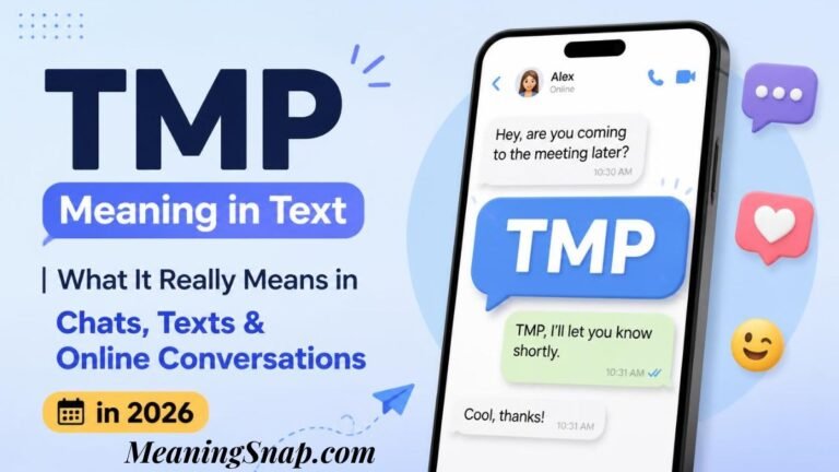Infographic explaining TMP meaning in text with a smartphone showing a message thread asking about a meeting and replying with TMP.