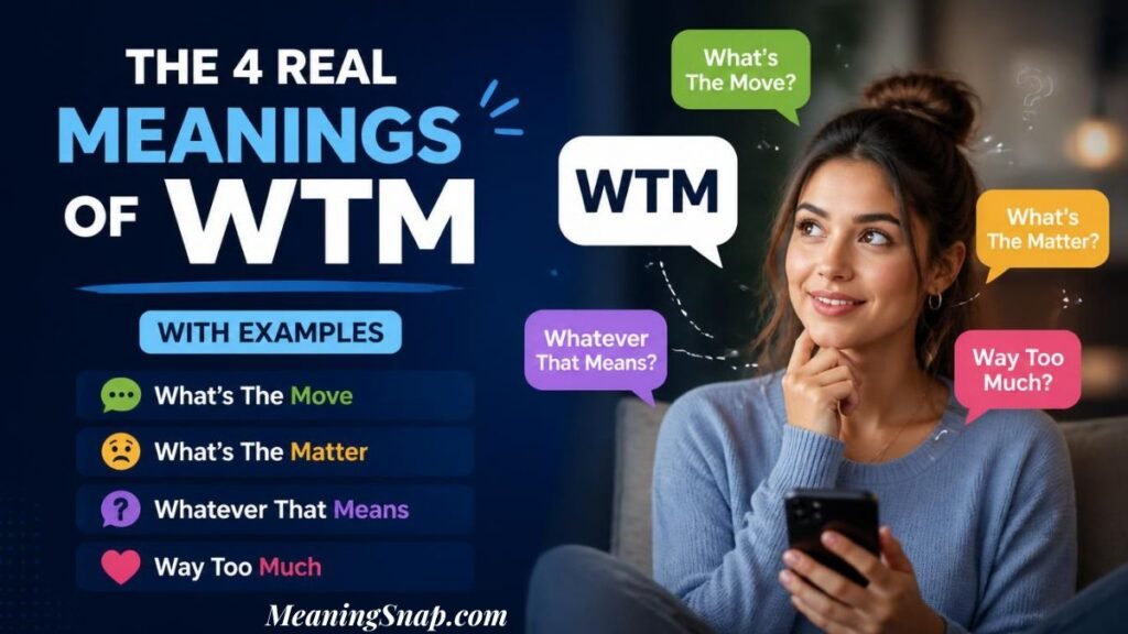 Infographic titled THE 4 REAL MEANINGS OF WTM WITH EXAMPLES, showing a smiling woman holding a smartphone surrounded by speech bubbles defining WTM.