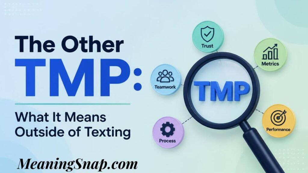 Infographic explaining what TMP means outside of texting, featuring a magnifying glass focused on TMP surrounded by business icon nodes for Teamwork, Process, Trust, Metrics, and Performance.