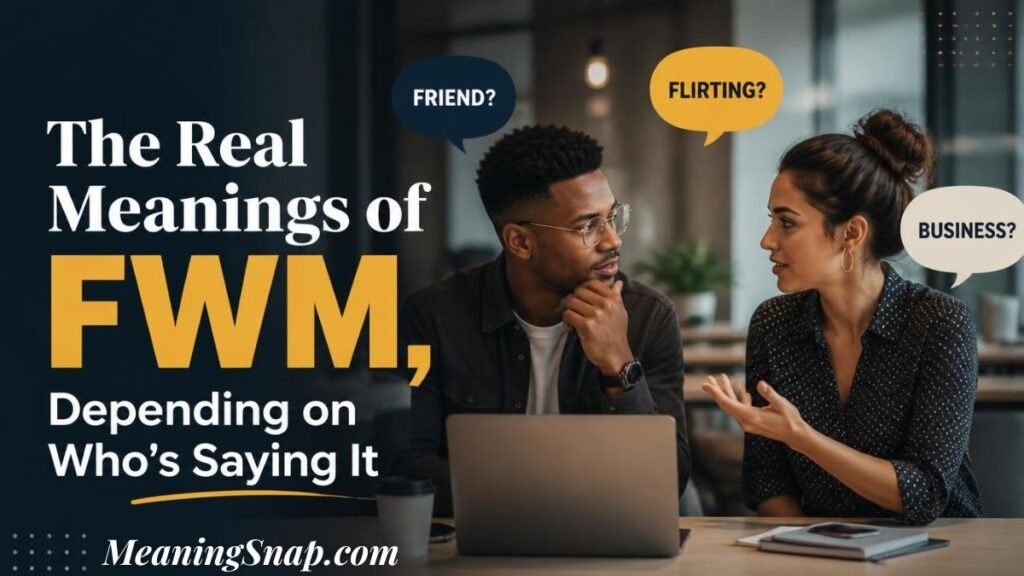 Infographic titled The Real Meanings of FWM, Depending on Who's Saying It, showing two colleagues discussing options at a desk with thought bubbles reading Friend?, Flirting?, and Business?.