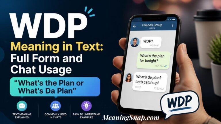 Infographic titled WDP Meaning in Text: Full Form and Chat Usage, showing a hand holding a smartphone with a messaging thread defining WDP as "What's the Plan".