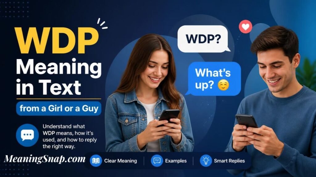 Infographic titled WDP Meaning in Text from a Girl or a Guy, showing a young woman and man texting on smartphones beside speech bubbles.