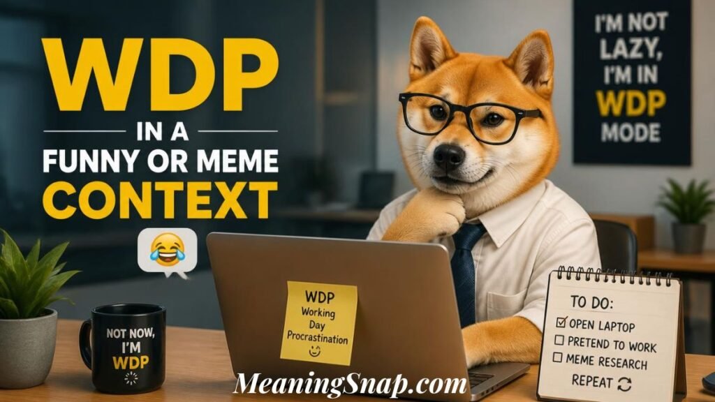 Infographic titled WDP IN A FUNNY OR MEME CONTEXT, featuring a Shiba Inu dog wearing glasses and a shirt at a laptop desk with comedic work notes.