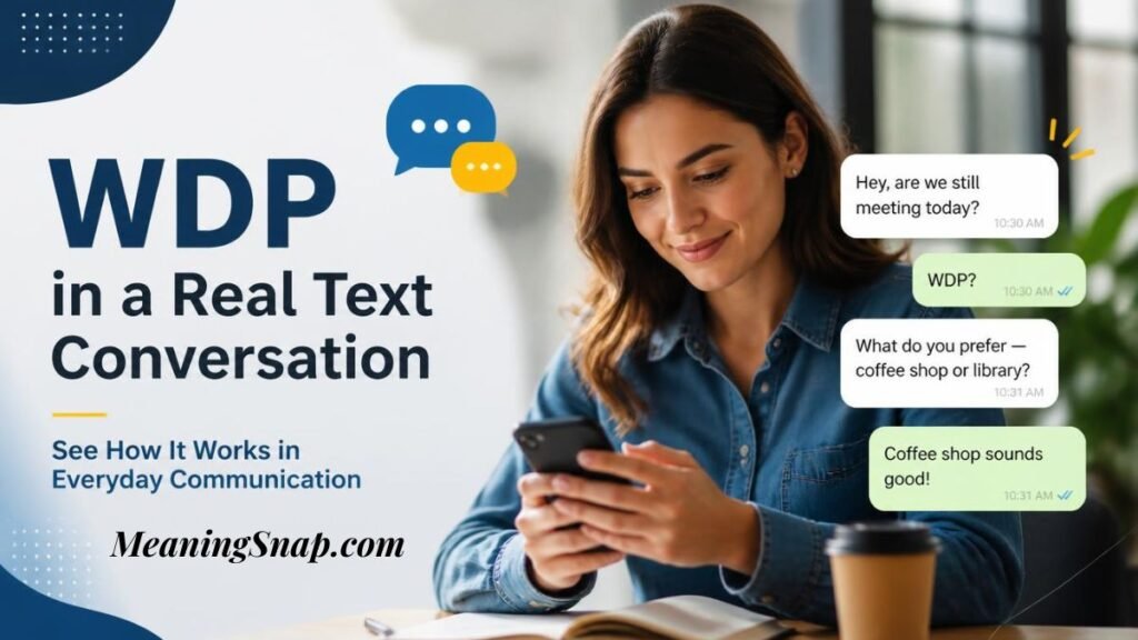 Infographic titled WDP in a Real Text Conversation, showing a woman texting at a desk alongside a chat sequence demonstrating how to use WDP.