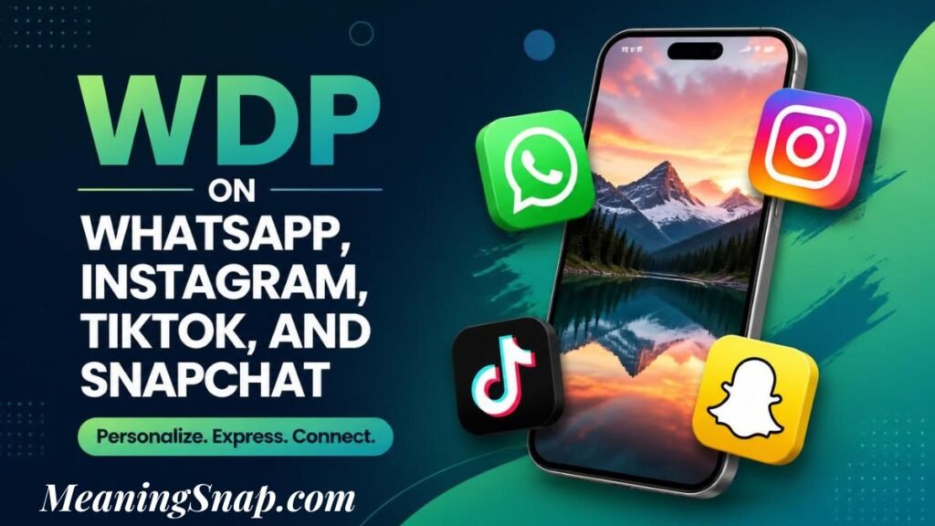Infographic titled WDP ON WHATSAPP, INSTAGRAM, TIKTOK, AND SNAPCHAT, featuring a smartphone mockup surrounded by 3D app icons.
