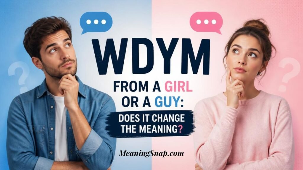 Infographic titled WDYM FROM A GIRL OR A GUY: DOES IT CHANGE THE MEANING?, featuring a man and a woman in pensive poses against split blue and pink backgrounds.