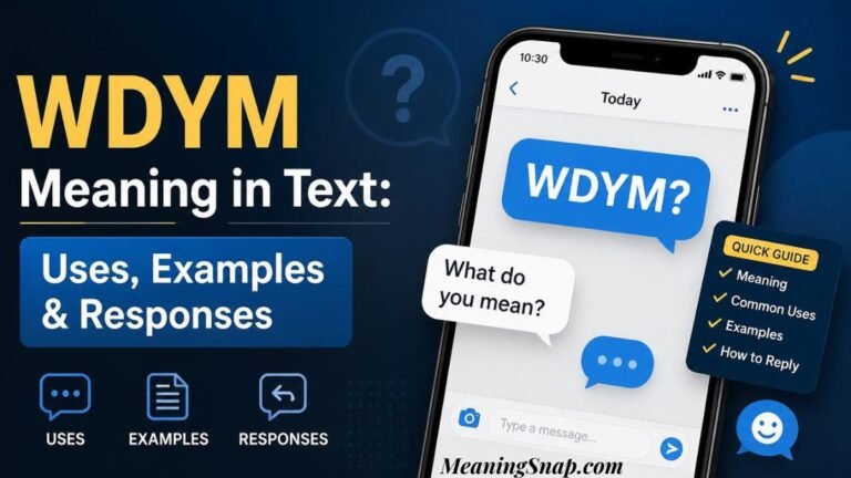 Infographic titled WDYM Meaning in Text: Uses, Examples & Responses, featuring a smartphone mockup displaying a chat thread defining WDYM as "What do you mean?".