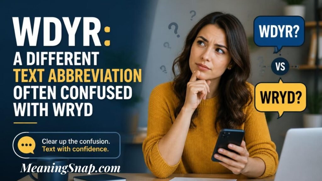Infographic titled WDYR: A Different Text Abbreviation Often Confused With WRYD, showing a thoughtful woman with speech callouts comparing WDYR and WRYD.   