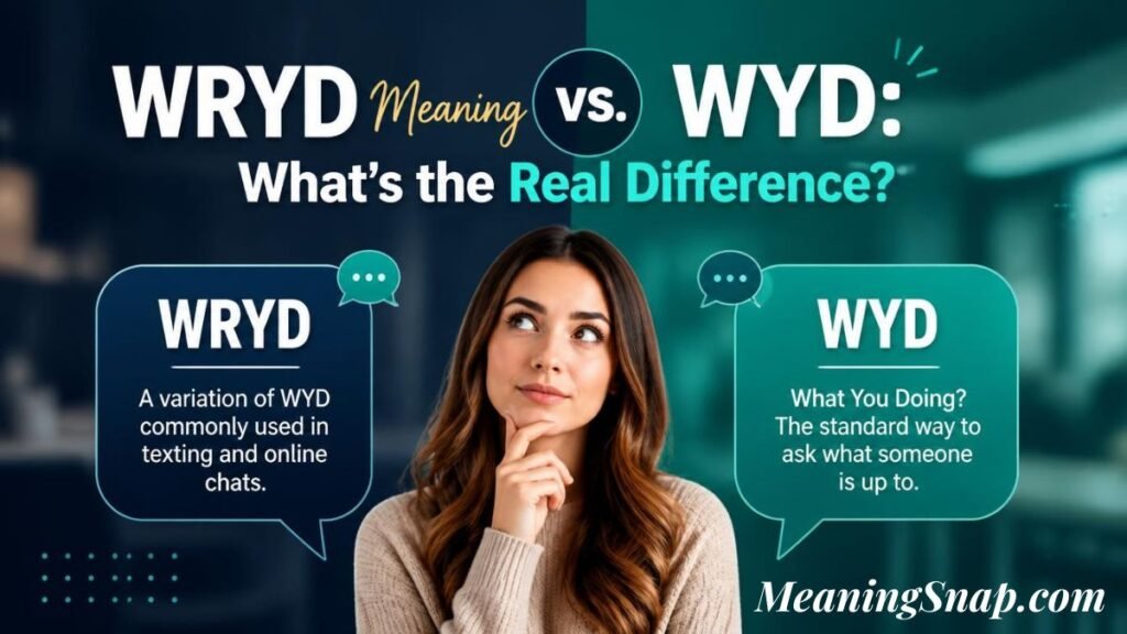 Infographic titled WRYD Meaning vs. WYD: What's the Real Difference?, comparing WRYD and WYD using speech callouts on either side of a pondering woman.   