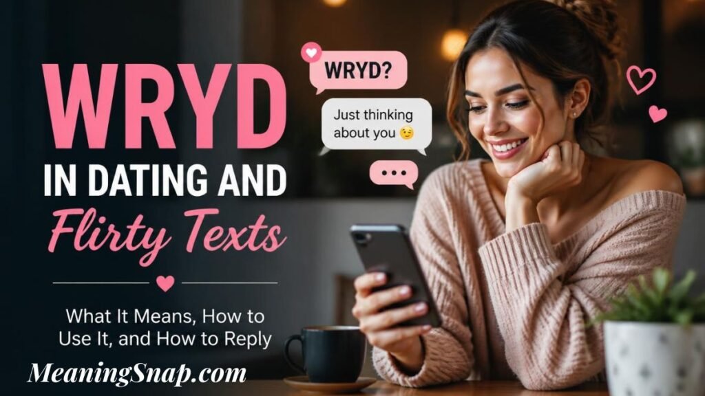 Infographic titled WRYD in Dating and Flirty Texts, showing a smiling woman holding a smartphone next to flirty chat bubbles.   
