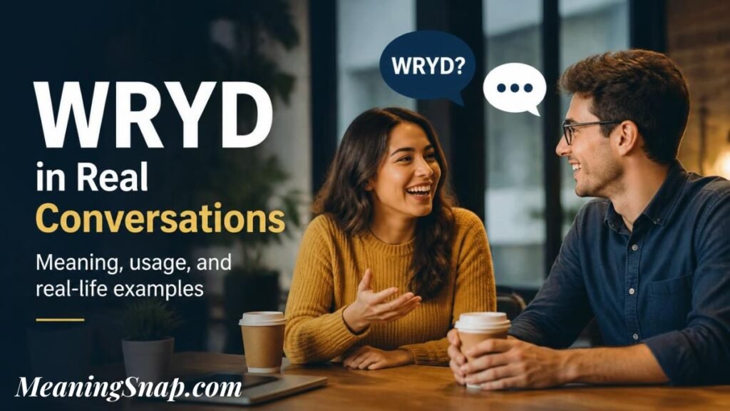 Infographic titled WRYD in Real Conversations, showing two people chatting at a table with speech bubbles defining WRYD.   