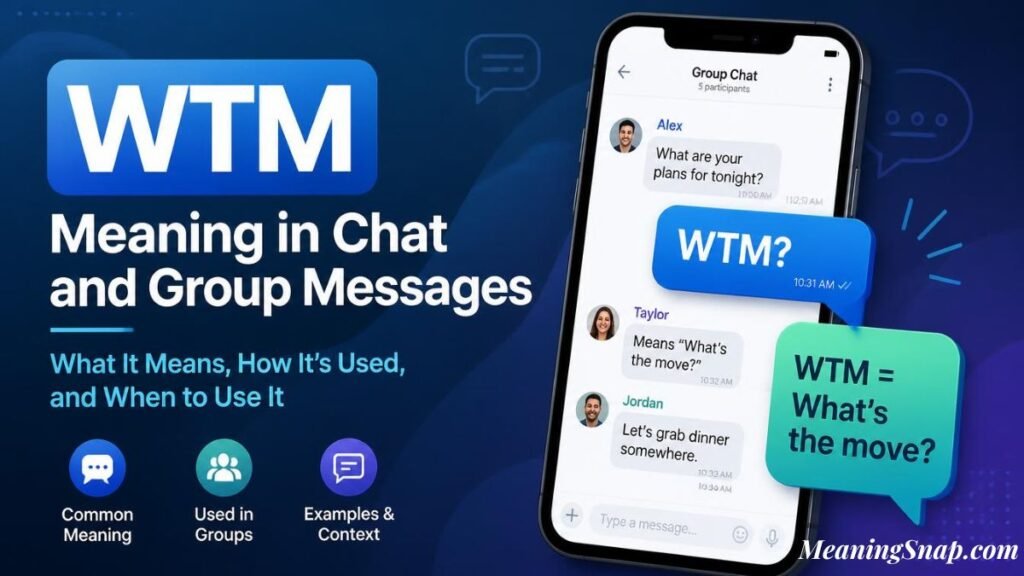 Infographic titled WTM Meaning in Chat and Group Messages, featuring a smartphone mockup displaying a group chat where participants clarify WTM as "What's the move?".