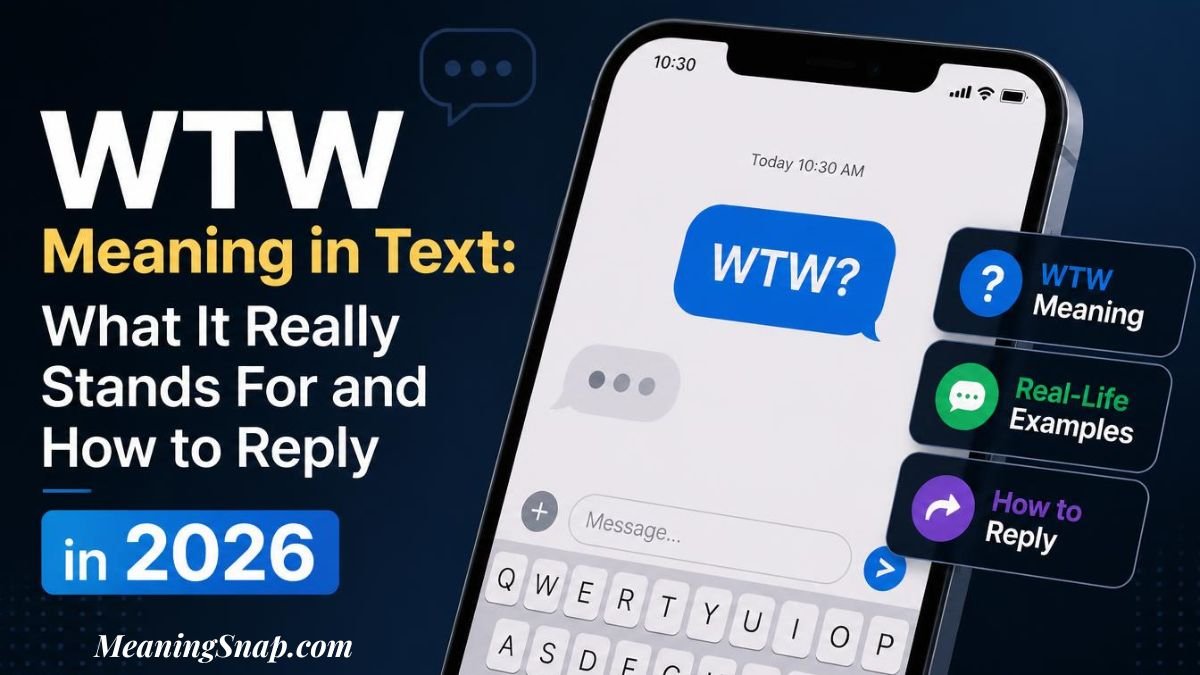 Infographic titled WTW Meaning in Text: What It Really Stands For and How to Reply in 2026, showing a smartphone screen displaying a blue chat bubble with "WTW?" alongside three feature badges for meaning, real-life examples, and response strategies.