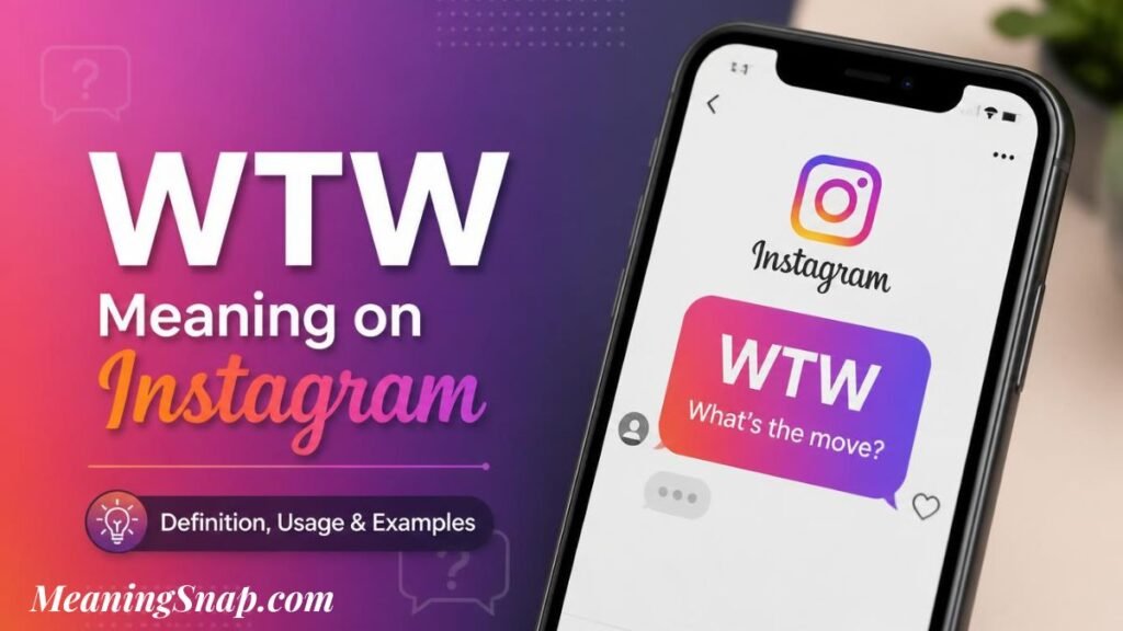 Infographic titled WTW Meaning on Instagram, displaying a smartphone with an Instagram direct message thread showing a gradient speech bubble containing "WTW" and "What's the move?".