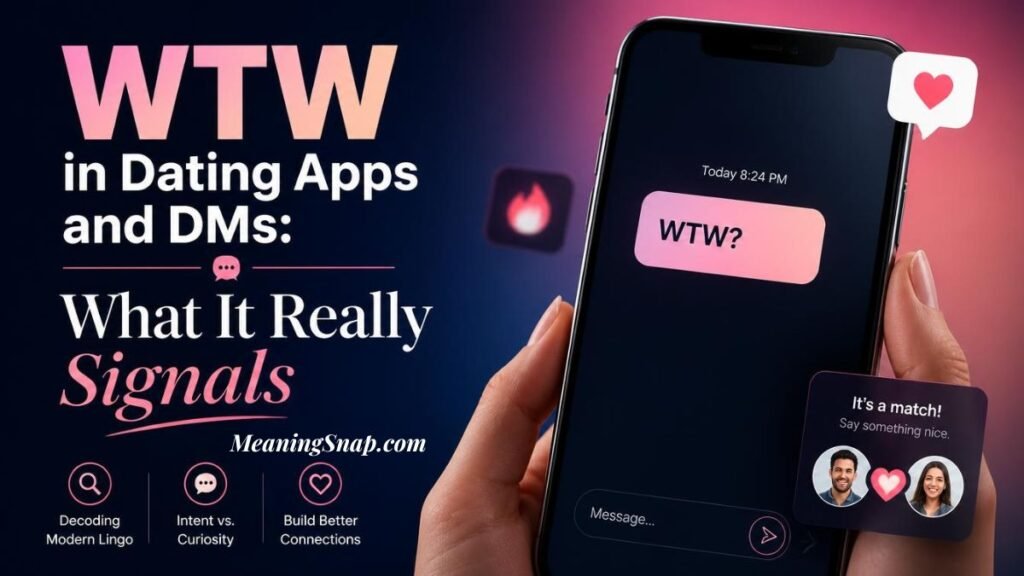 Infographic titled WTW in Dating Apps and DMs: What It Really Signals, showing a hand holding a smartphone with a pink "WTW?" message bubble next to a Tinder match card notification.