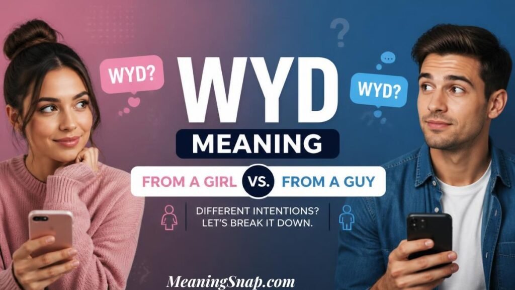 Infographic titled WYD Meaning From a Girl vs. From a Guy, showing a woman and a man holding smartphones on a split pink-blue background.