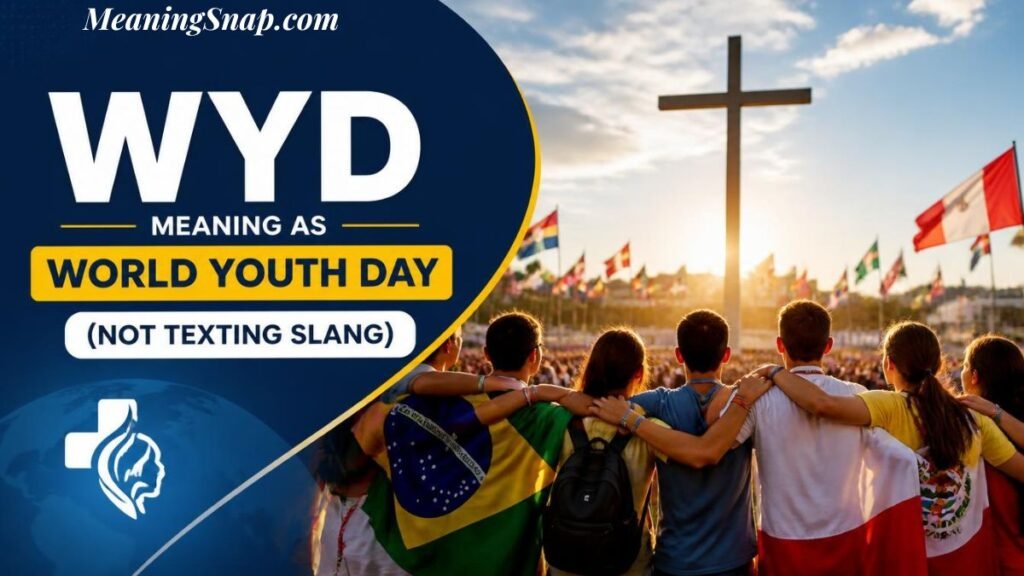 Infographic titled WYD Meaning as World Youth Day (NOT TEXTING SLANG), showing young pilgrims gathered around a large cross.
