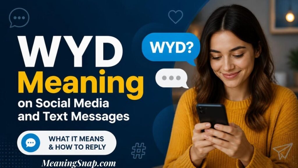 Infographic titled WYD Meaning on Social Media and Text Messages, showing a woman smiling at her phone next to chat bubbles.