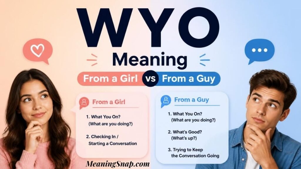 Infographic comparing WYO meaning from a girl versus from a guy, showing side-by-side callout cards with a thoughtful woman and man.