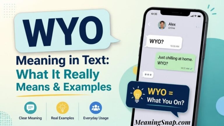 Infographic explaining WYO meaning in text with a smartphone displaying a chat message asking WYO and a callout defining WYO as What You On.