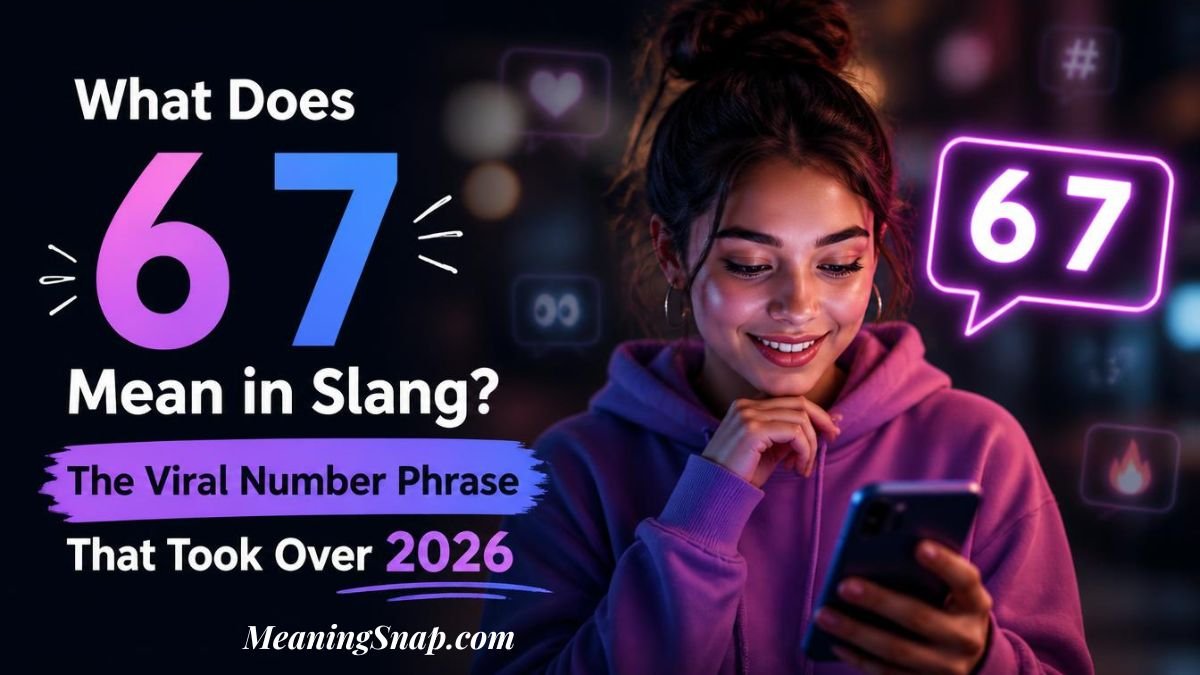 Smiling woman looking at smartphone screen with glowing neon lights explaining what does 67 mean in slang.