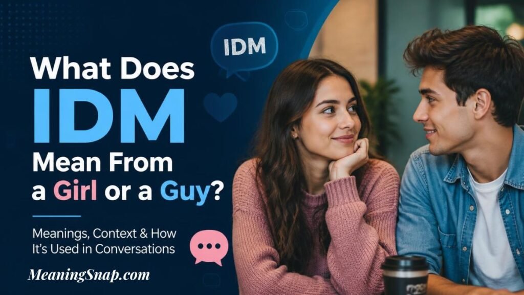 Infographic titled What Does IDM Mean From a Girl or a Guy?, showing a young couple conversing with floating IDM chat bubbles.