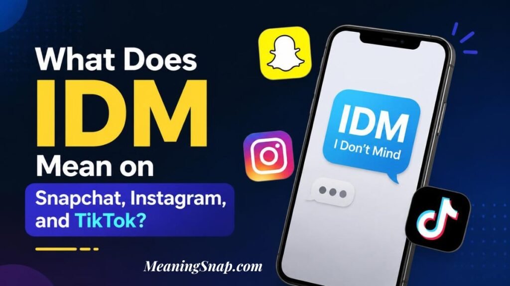 Infographic titled What Does IDM Mean on Snapchat, Instagram, and TikTok?, featuring a smartphone screen defining IDM as "I Don't Mind".