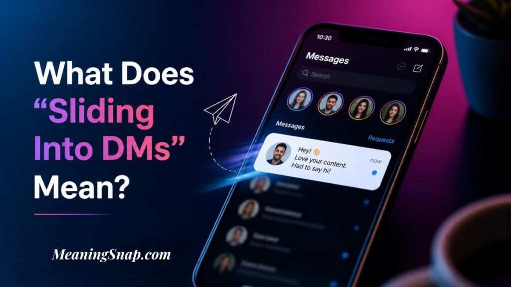 Infographic titled What Does Sliding Into DMs Mean, showing a smartphone mockup displaying a direct message notification.   