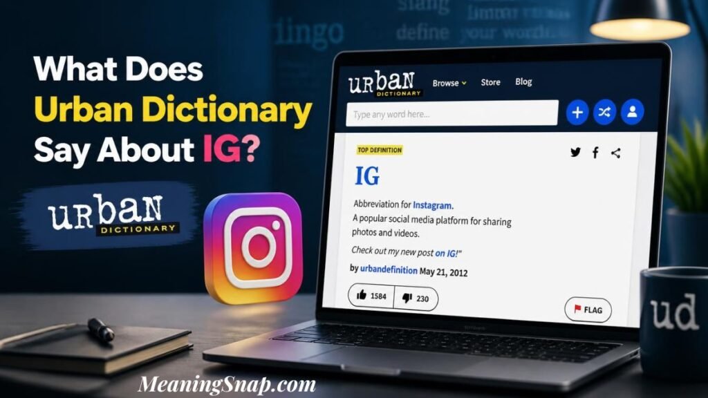 Infographic titled What Does Urban Dictionary Say About IG?, showing an open laptop displaying an Urban Dictionary page entry for IG alongside a 3D Instagram icon.