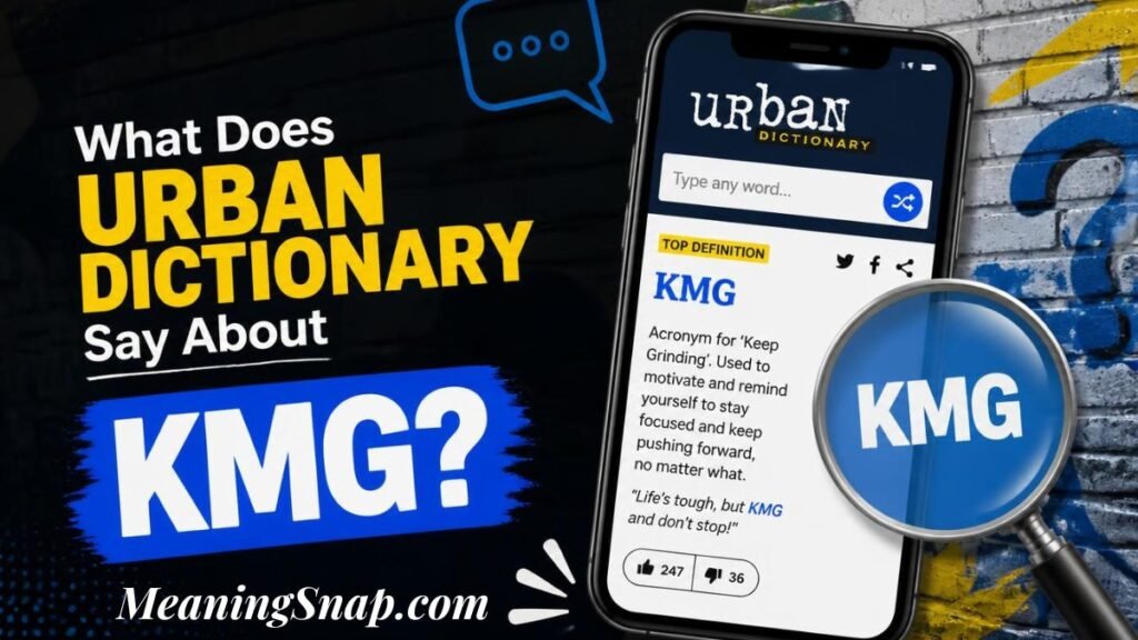 Infographic titled What Does URBAN DICTIONARY Say About KMG?, showing a smartphone displaying an Urban Dictionary page defining KMG as "Keep Grinding" alongside a magnifying glass.