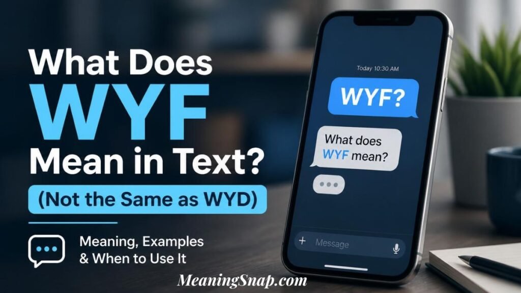 Infographic titled What Does WYF Mean in Text? (Not the Same as WYD), showing a smartphone mockup displaying a chat interface.